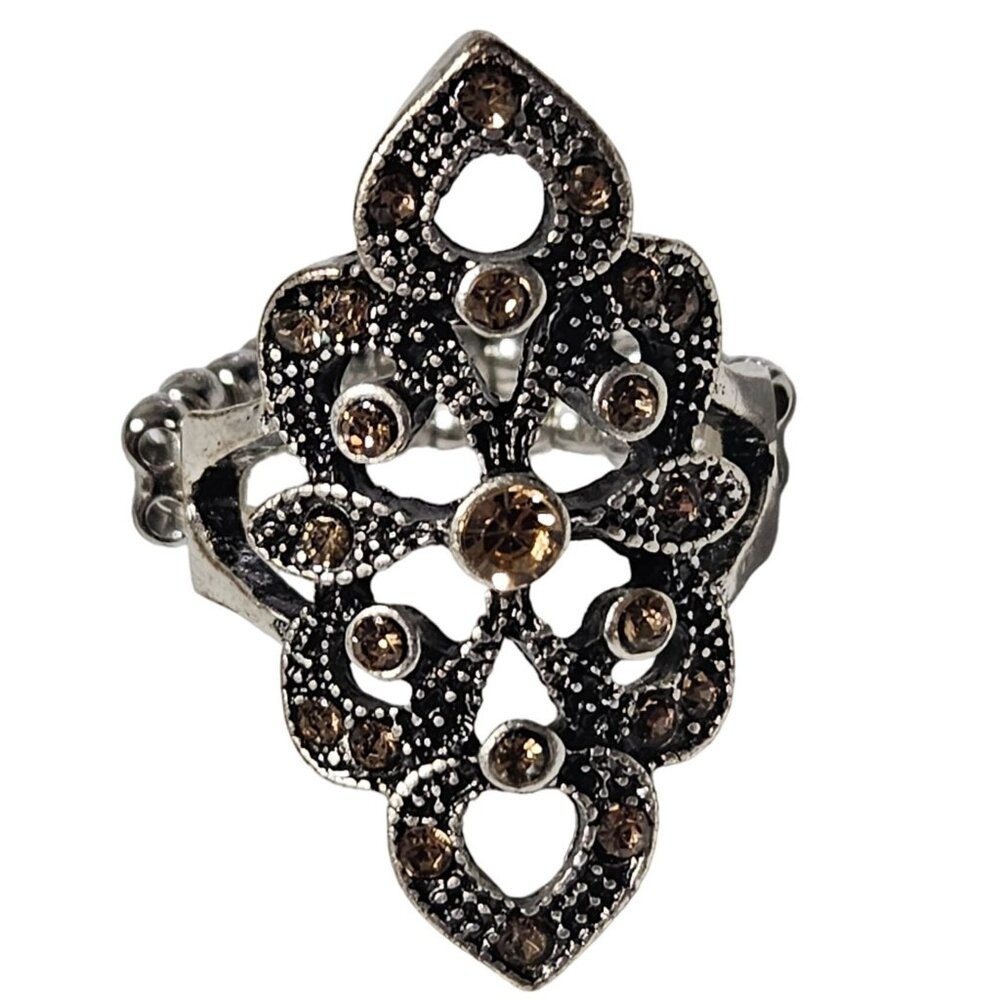 Vintage Filigree Ring Elegant Bohemian Antique Silver Tone Amber Crystals Women